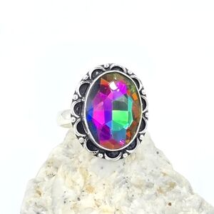 Rainbow Fire Mystic Topaz Ring 925 Sterling Silver Plated Handcrafted Size 8